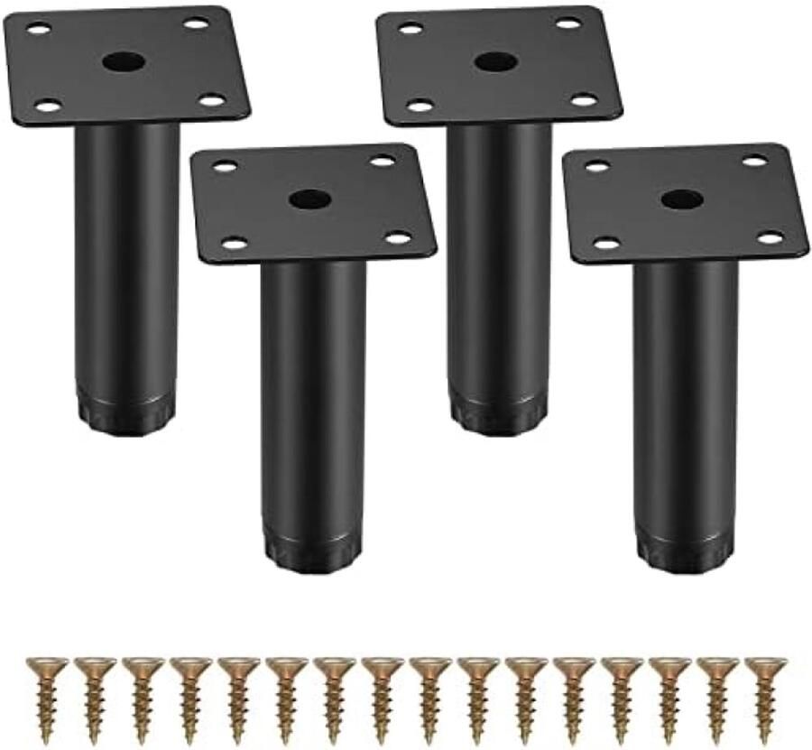 PolkaHome 4 stuks verstelbare meubelpoten 10 cm metalen kastpoten bankvervanging steunpoten voor meubels bank tafel stoel bureau keuken kast kasten (zwart)