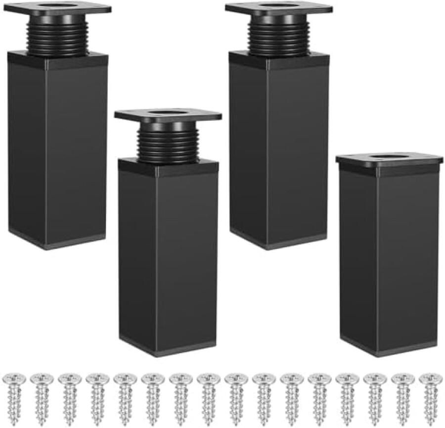 PolkaHome 4 stuks verstelbare meubelpoten hoekig design aluminiumlegering voor doe-het-zelf meubels (zwart 10 cm)