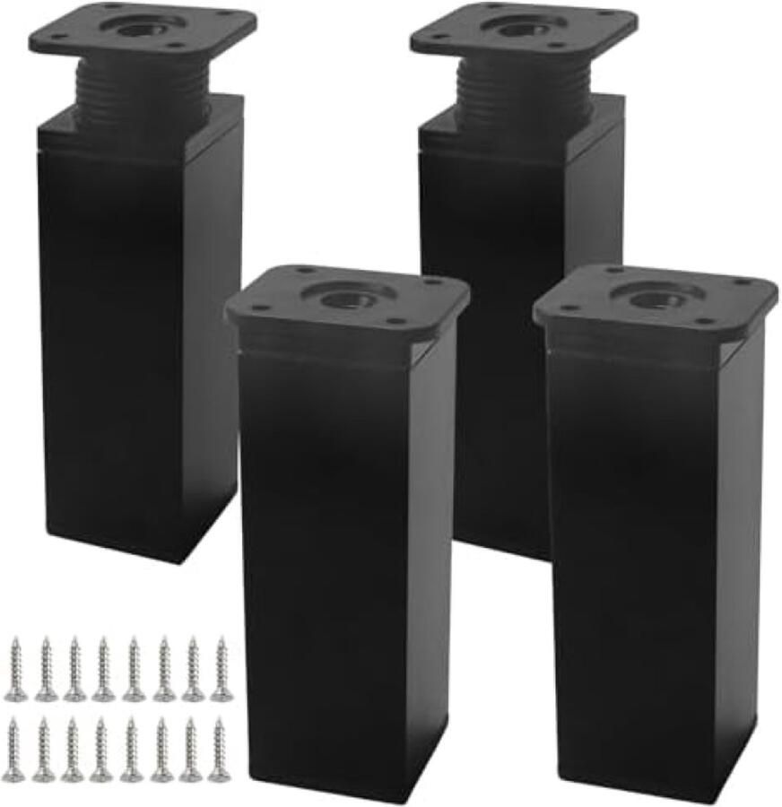 PolkaHome 4 stuks verstelbare meubelpoten voor kasten bedden tafels en banken Zwarte metalen poten met antislip basis Inclusief montagemateriaal Verstelbare hoogte 12 cm
