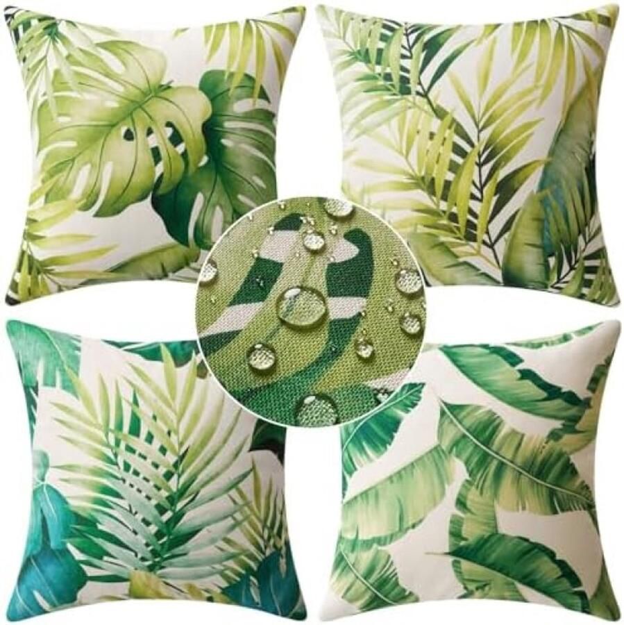 PolkaHome 4 stuks waterdichte buitenkussenslopen decoratieve kussenslopen voor tuin balkon terras slaapkamer bank stoel 45 x 45 cm groen
