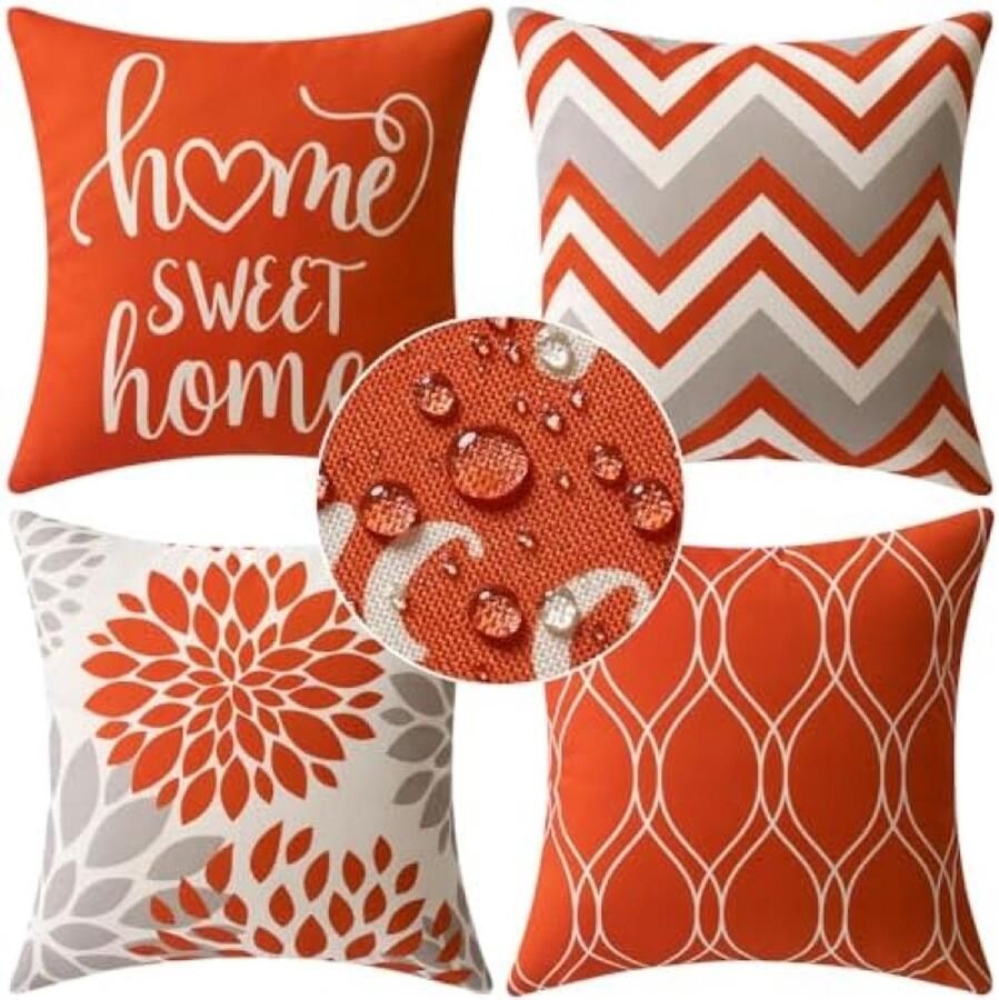 PolkaHome 4 stuks waterdichte buitenkussenslopen decoratieve kussenslopen voor thuis tent park bed bank stoel slaapkamer balkon 50 x 50 cm oranje