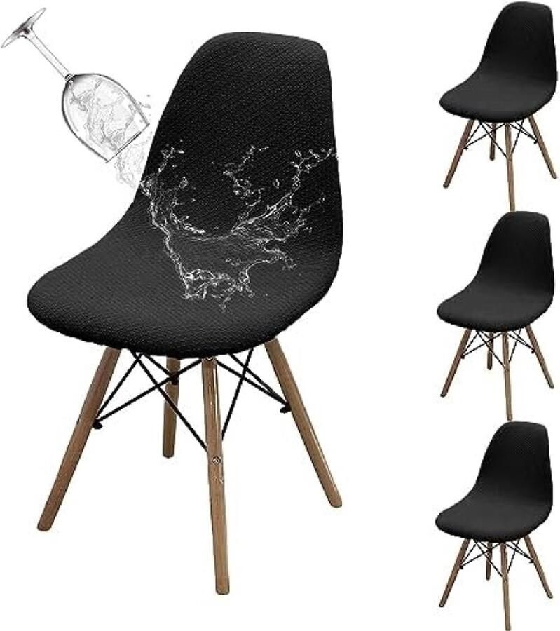 PolkaHome 4 stuks waterdichte eetkamerstoelhoezen Scandinavisch design elastische stoelhoezen voor kantoor en huis zonder mouwen verstelbare wasbare stoelhoezen Zwart