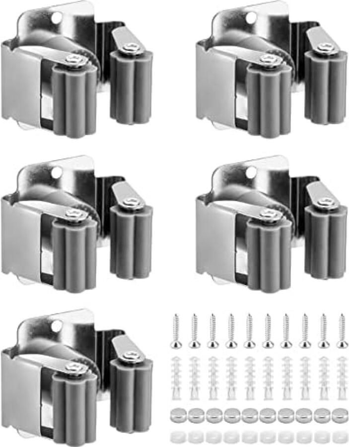 PolkaHome 5-delige bezemhouder roestvrijstalen gereedschapshouder tuingereedschaphanger voor badkamer keuken kantoor kast tuin garage