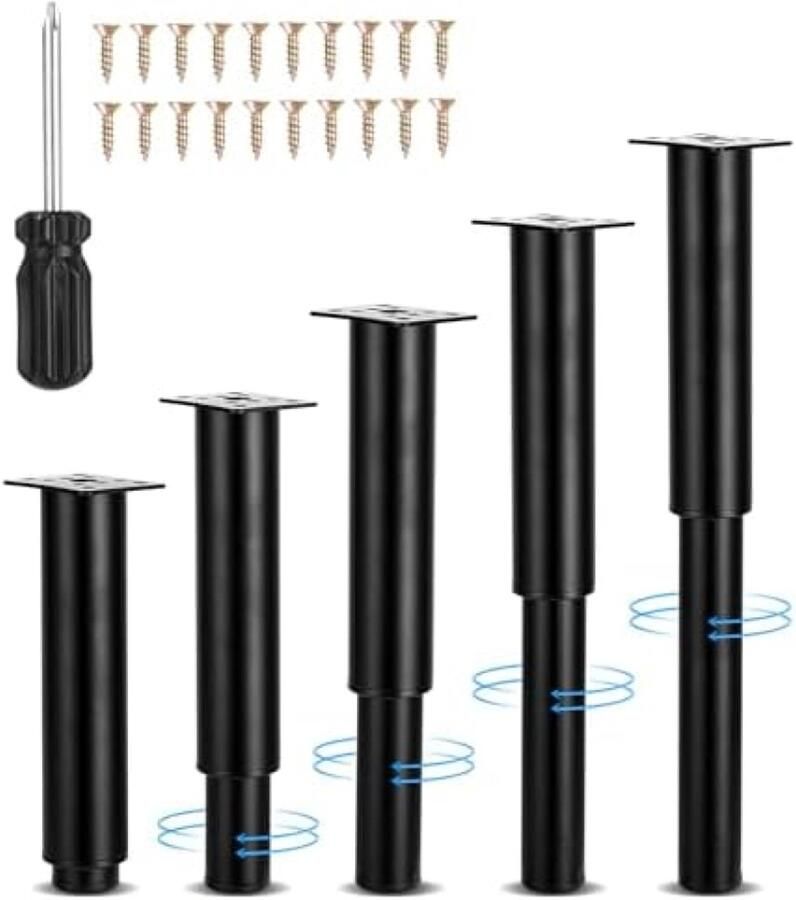 PolkaHome 5-delige set verstelbare metalen meubelpoten voor tafels banken stoelen en meer Zwart