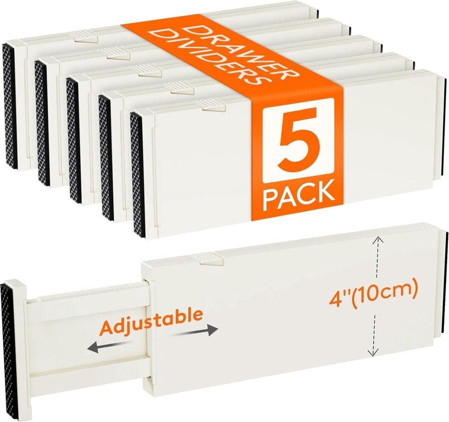 PolkaHome 5 Pack Ladeverdelers Plastic 10 cm Hoog 28-44 5 cm Verstelbare Lade Organisers voor Kleding Uitbreidbare Ladeverdelers in Slaapkamer Badkamer Keuken Kantoor