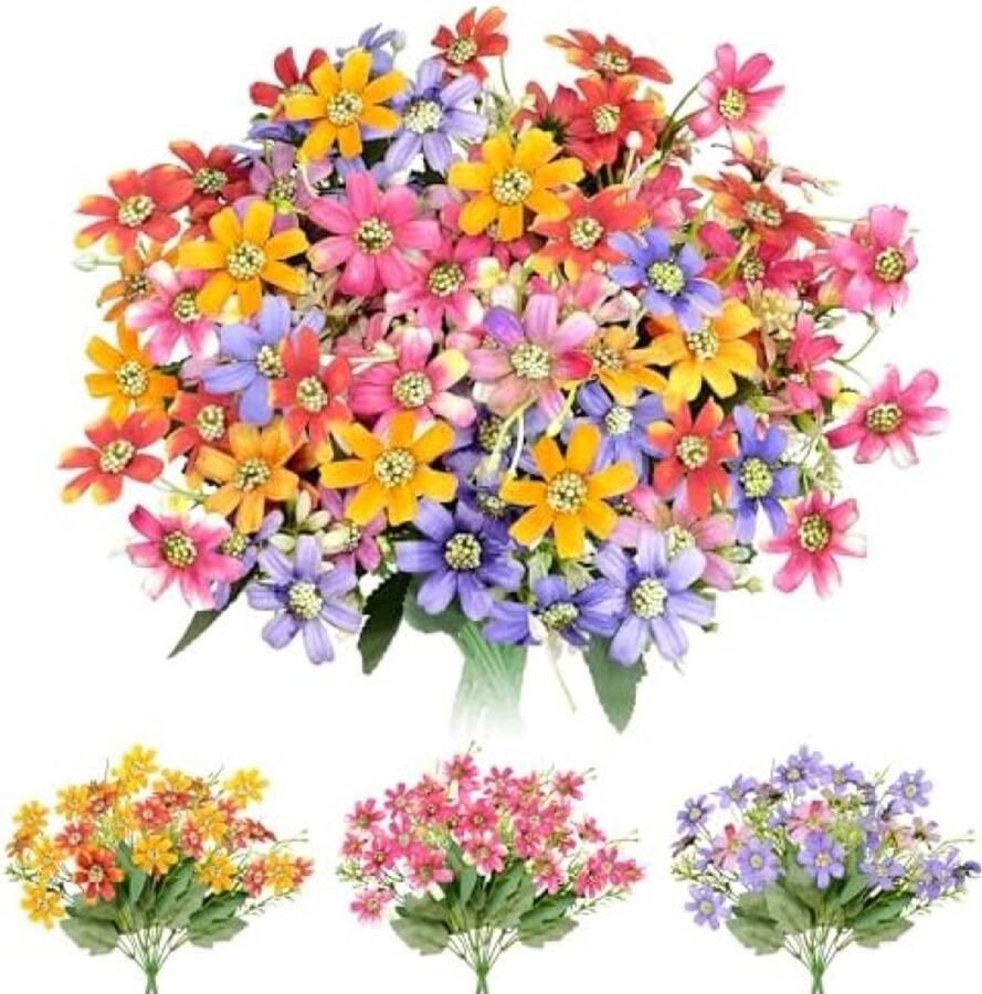 PolkaHome 6 Bundels Kunstbloemen UV-bestendige Zijden Bloemen voor Binnen en Buiten Boeket van Madeliefjes in 3 Kleuren Perfect voor Tafel Balkon Tuin of Vaas 33 cm