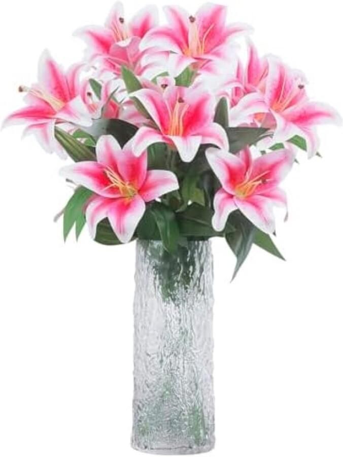 PolkaHome 60 cm lange kunstmatige leliebloem roze 8 bloeiende hoofden 4 knoppen 3D-geprint neplelie voor bruiloft thuiskantoor decor tafel centerpieces (zonder vaas)