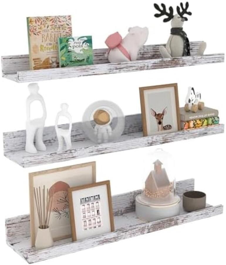 PolkaHome 60 cm zwevende wandplanken set van 3 houten wandrek rustieke stijl voor slaapkamer kantoor woonkamer en keuken berkenwit