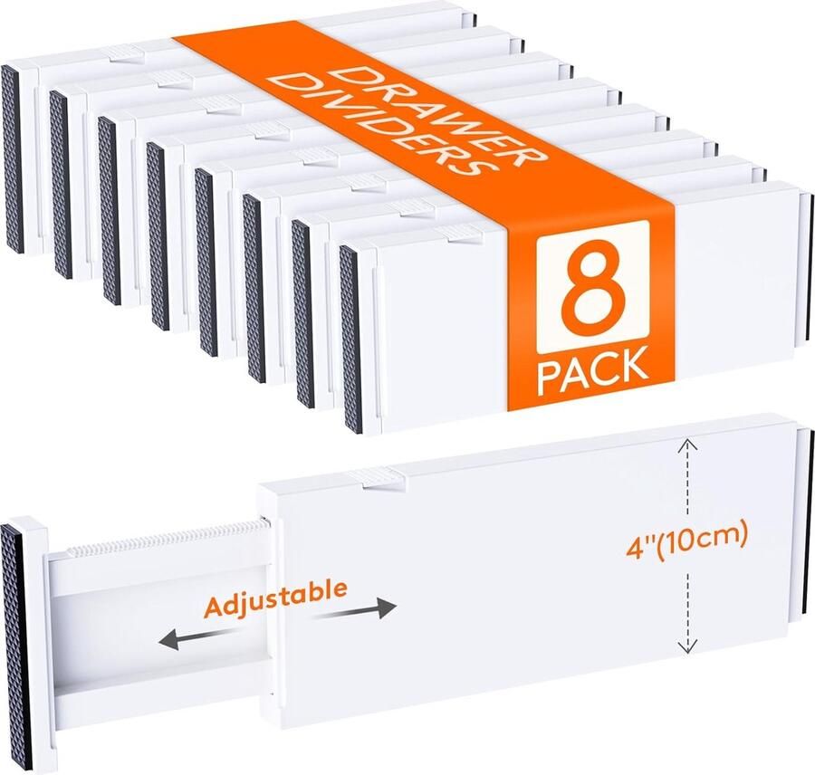 PolkaHome 8 Pack Ladeverdelers Plastic 10 cm Hoog 28-44 5 cm Verstelbare Lade Organisers voor Kleding Uitbreidbare Ladeverdelers in Slaapkamer Badkamer Keuken Kantoor