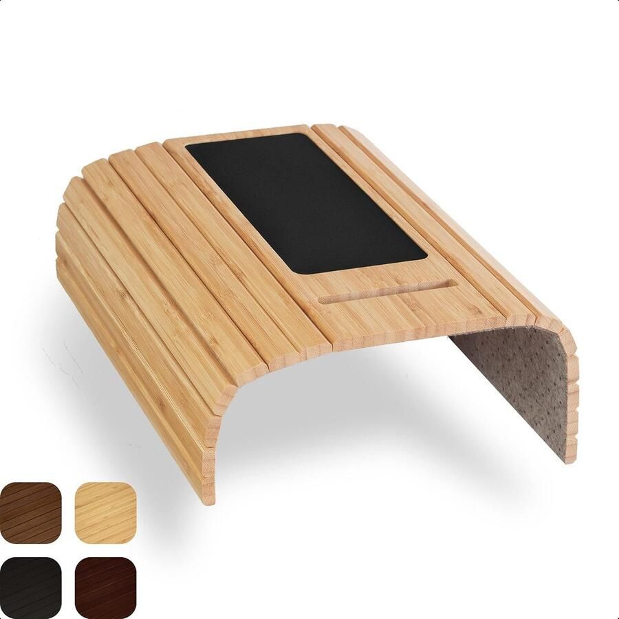 PolkaHome Armleuning Dienblad Bank Flexibel Bamboe met Telefoonhouder Bank en Stoel Drank Houder en Muismat Houten Banktafel en Organizer voor Bankleuning en Zetel en Sofa met antislip (Naturel)