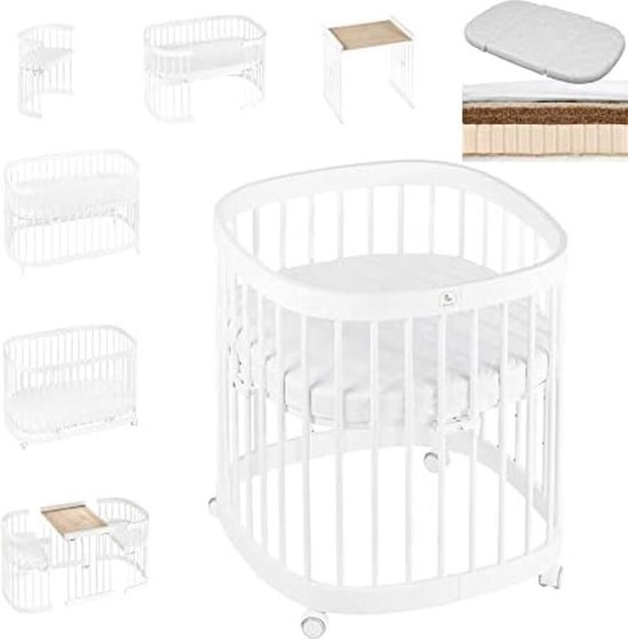 PolkaHome Babybed Kinderbed 7-in-1 (plus) COMPLETE SET met 10 functies met COCONUT LATEX matras (wit)