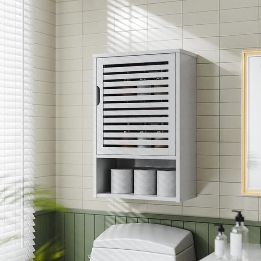 PolkaHome Badkamer Wandkast Met Deur Bamboe Space Saver Wit Hangend