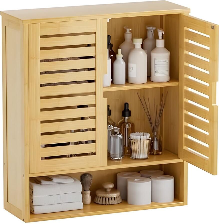 PolkaHome Badkamerkast wandmontage bamboe over het toilet opberg organizer space saver medicijnkastje met 2 deuren en verstelbare planken