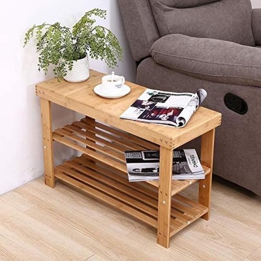PolkaHome Bamboe Schoenenrek Bank 3 Tier Entryway Seat Schoen Organizer Opslag Plank