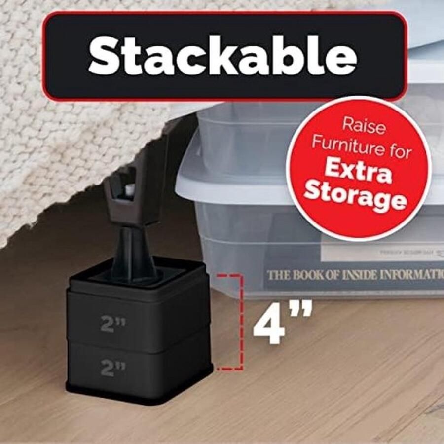 PolkaHome Bed- en meubelverhogers 6 stuks vierkante lift tot 6 3 cm en liften tot 4 5 kg beschermen vloeren en oppervlakken duurzaam ABS-kunststof en anti-slip schuimgreep stapelbaar