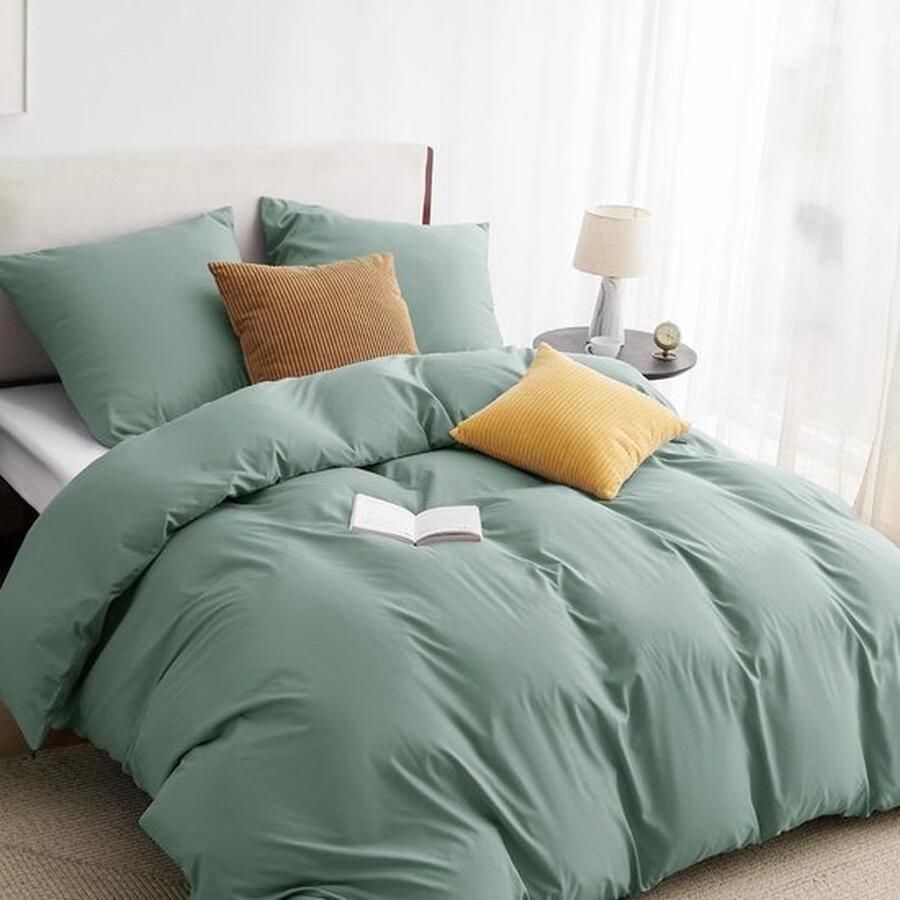 PolkaHome Beddengoed 200 x 200 cm met kussensloop van 80 x 80 cm microvezel voor eenpersoonsbed met ritssluiting lichtgroen