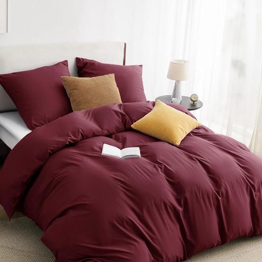 PolkaHome Beddengoed 200 x 200 cm met kussensloop van 80 x 80 cm microvezel voor eenpersoonsbed met ritssluiting wijnrood