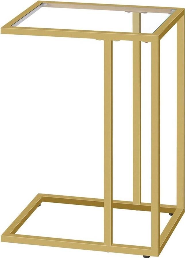 PolkaHome Bijzettafel gehard glas gouden C-vormig voor kleine ruimtes Laptop eindtafel metalen frame goud