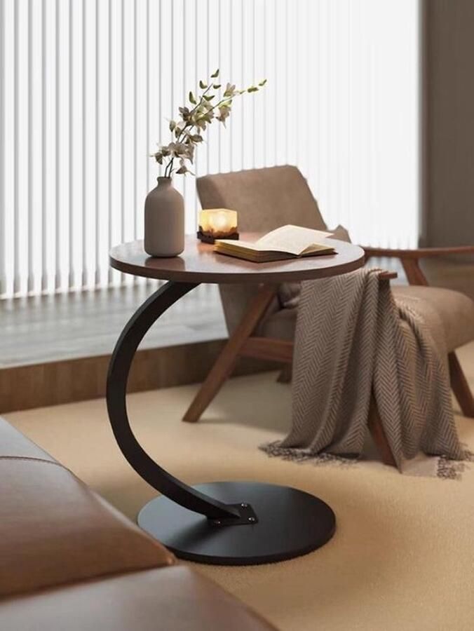 PolkaHome Bijzettafel hout salontafel hout salontafel rond kleine bijzettafel C-vorm tafelblad diameter 40 cm hoogte 60 cm bijzettafels voor bank woonkamer