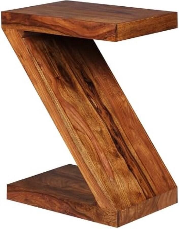 PolkaHome Bijzettafel Massief Sheesham-Hout 44 x 59 x 30 cm Tafel Woonkamer Z-Vorm Moderne Standplank Houten Tafel