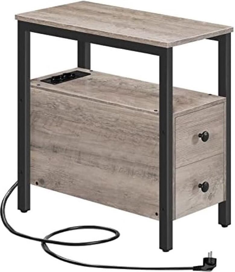 PolkaHome Bijzettafel met laadstation bank-tafel met 2 laden en USB-poort en stopcontact nachtkastje voor kleine ruimtes stabiel en robuust voor woonkamer slaapkamer greige EBG542BZ01