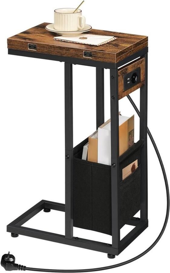 PolkaHome Bijzettafel met laadstation C-vorm inklapbare salontafel met stoffen tas nachtkastje met stopcontact en 2 USB-poorten voor woonkamer vintage bruin en zwart
