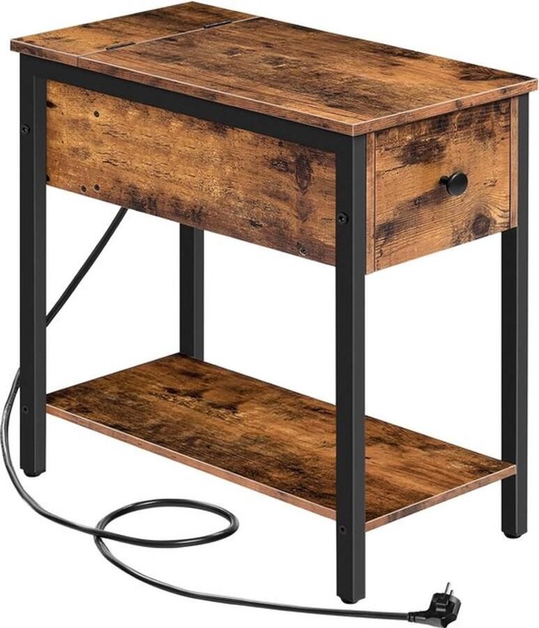 PolkaHome Bijzettafel met laadstation nachtkastje met stopcontact en USB-aansluiting bijzettafel met lade decoratieve tafel voor kleine ruimtes woonkamer slaapkamer donkerbruin EBF042BZ01