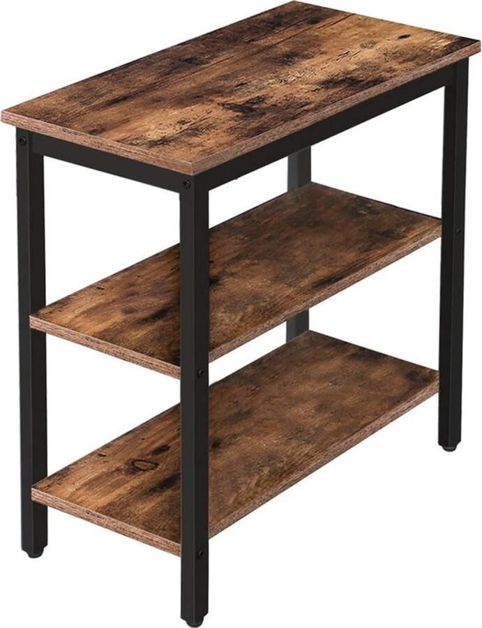 PolkaHome Bijzettafel nachtkastje met 3 legplanken softafel industriële stijl nachtkastje slaapkamer woonkamer keuken eenvoudig te monteren metalen frame vintage donkerbruin EBF14BZ01