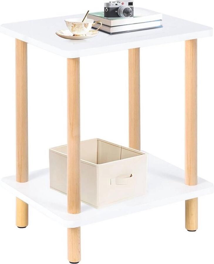 PolkaHome Bijzettafels met Plank voor Kleine Ruimtes 40x30x47.5cm Nachtkastje en Koffietafel in Wit Natuurlijk