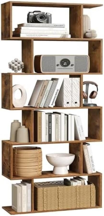 PolkaHome Boekenkast met 6 niveaus opbergkast scheidingswand voor woonkamer slaapkamer kantoor moderne stijl rustiek bruin