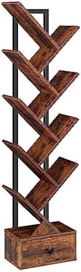 PolkaHome Boekenkast met Lade Staand Rek met 9 Niveaus Boomvormige Boekenkast DVD-Plank Boekentoren voor Woonkamer Slaapkamer of Thuiskantoor Vintage Bruin