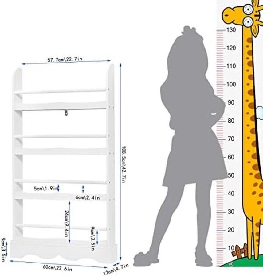 PolkaHome Boekenkast voor kinderen met 4 niveaus van MDF-hout 60 x 12 x 108 5 cm wit
