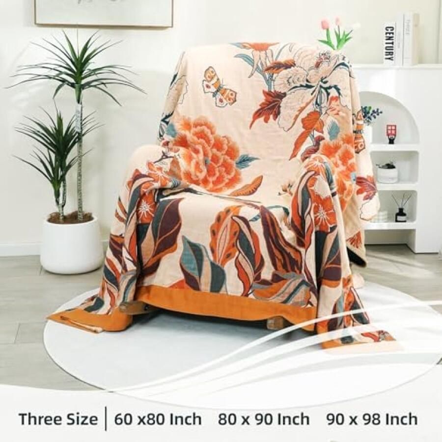 PolkaHome Bohemian Bankdeken Grote Bedsprei 100% Biologisch Katoen Zachte Dubbelzijdige Boho Deken voor 2 of 3-zits Bank Fauteuil of Bed. 150 x 200 cm Beige Bloem-Vlinder Patroon