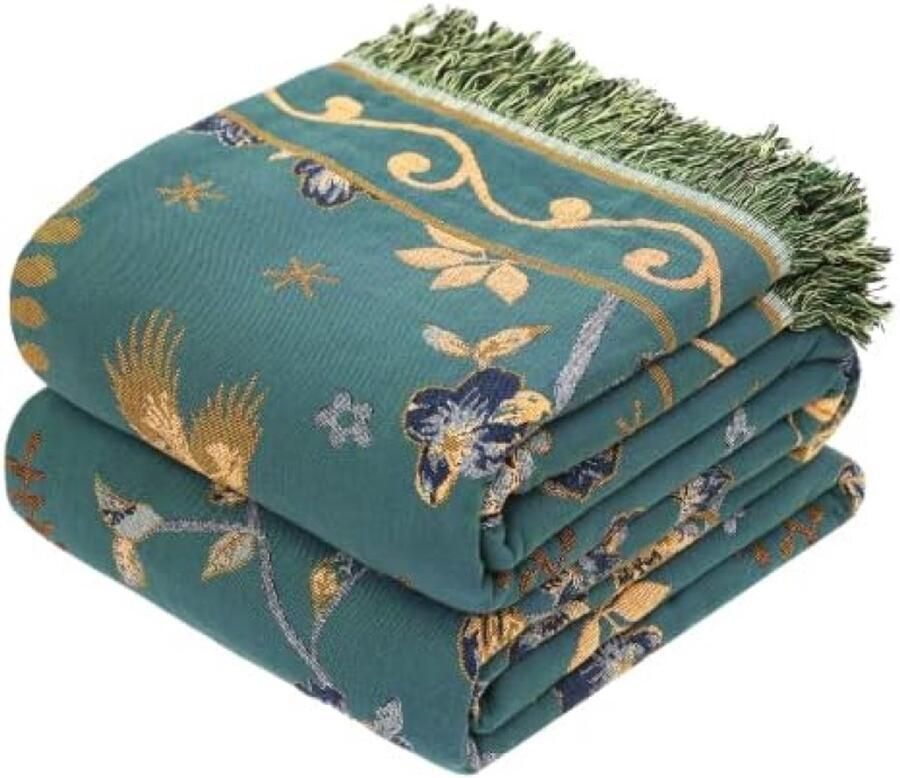 PolkaHome Bohemian Sofa Grote Bed Sprei 100% Biologisch Katoen Zachte Dubbelzijdige Boho Gooi voor 2 3-zits Settees Fauteuil Bank en Sprei 230x250cm Teal Lichtgroen