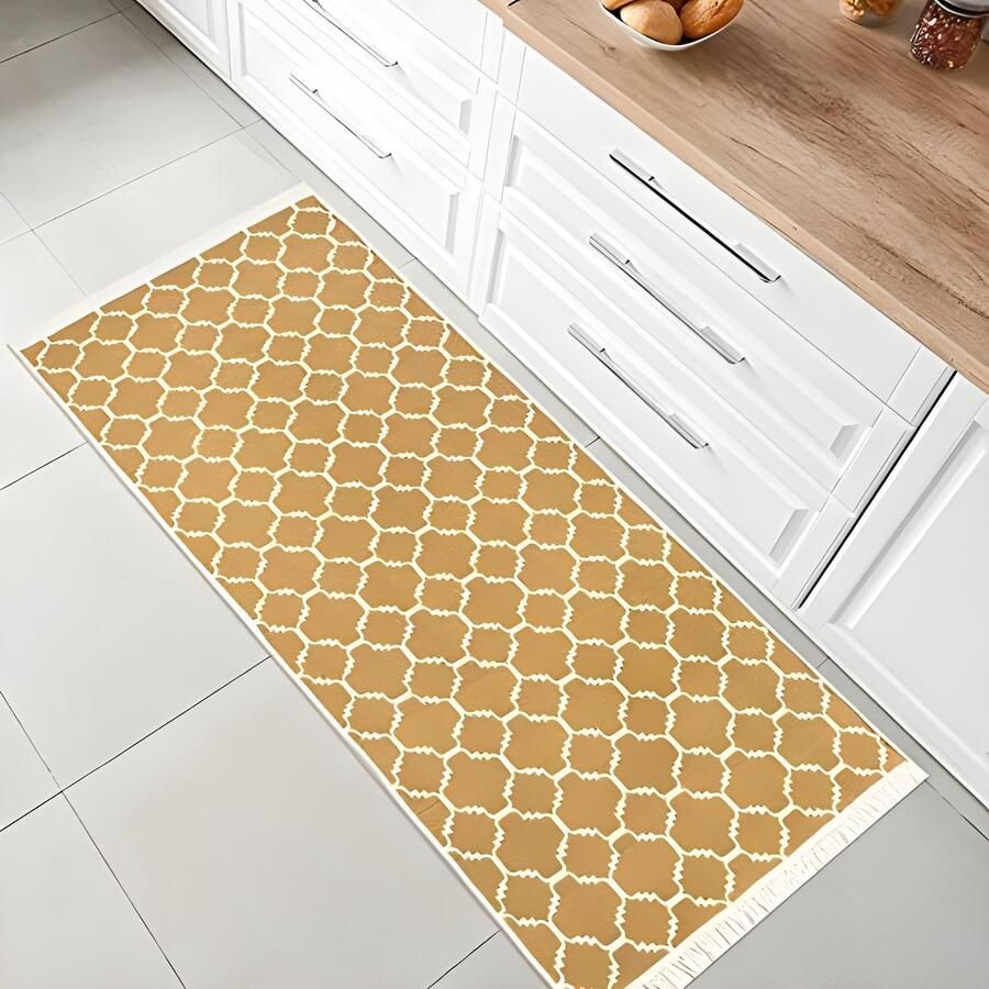 PolkaHome Boho Kelim Vloerkleed Laagpolig Tapijt voor Woonkamer Slaapkamer Keuken en Kinderkamer Morocco Goud en Wit Afmetingen 60 x 180 cm