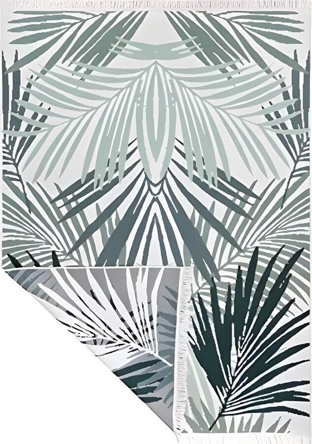 PolkaHome Boho Kelim Vloerkleed Laagpolig Tapijt voor Woonkamer Slaapkamer Keuken en Kinderkamer Palm Groen en Wit Afmetingen 140 x 200 cm