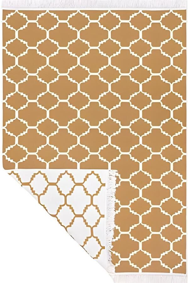 PolkaHome Boho Kelim Vloerkleed Laagpolig Tapijt voor Woonkamer Slaapkamer of Keuken Morocco Goud en Wit 140 x 200 cm