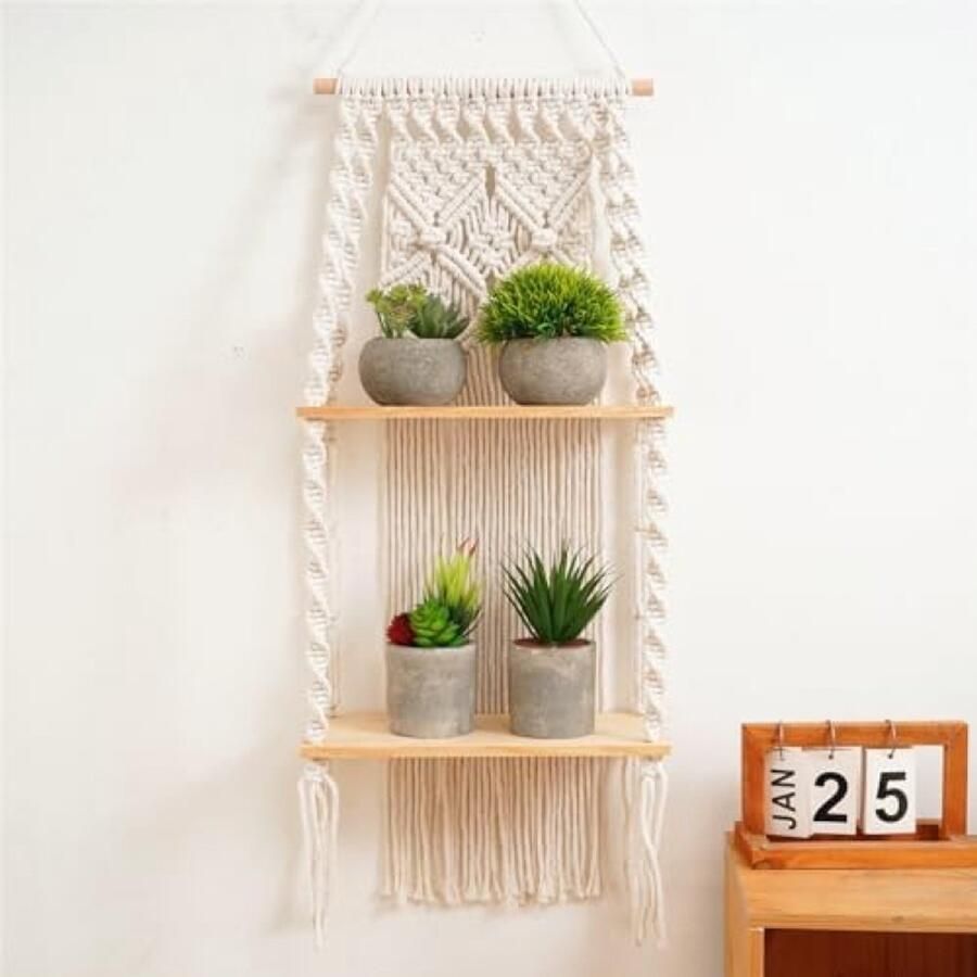 PolkaHome Boho Macramé Wandrek Handgemaakte Natuurlijke Drijfhout Wanddecoratie Dubbellaags voor Woonkamer Slaapkamer Balkon of Hal