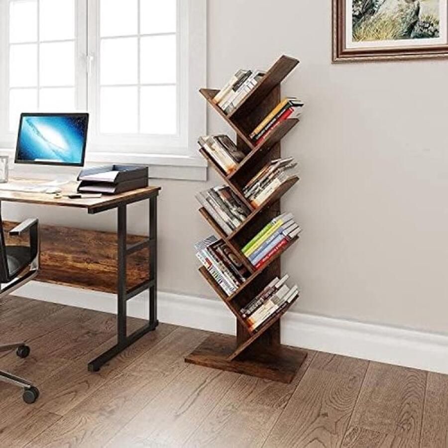 PolkaHome Boomboekenkast vloerstaande boekenplank hoge industriële houten planken boekenkast display opslag rekken voor woonkamer thuiskantoor