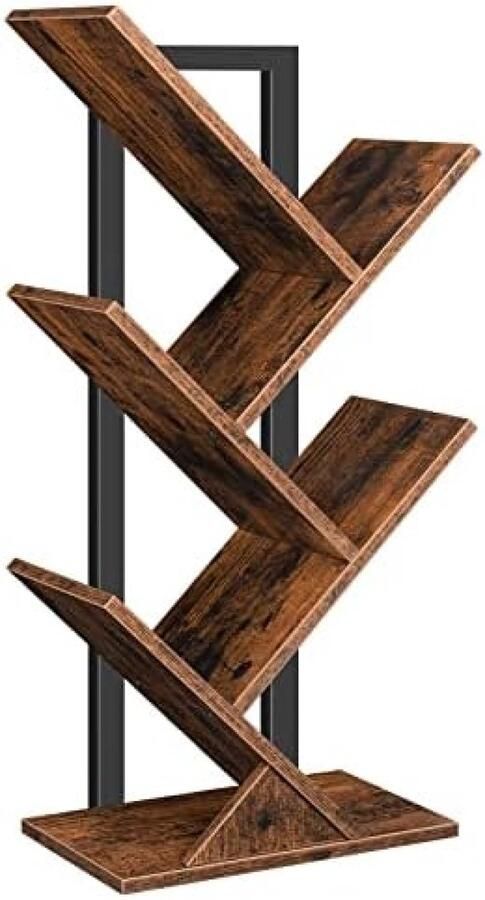 PolkaHome Boomboekenplank 71 cm Vloer Vrijstaande Boekenkast in Boomvorm Desktop Boekenplank voor Tijdschriften CD's en Display Rustieke Bruine Kleur Perfect voor Kleine Ruimtes