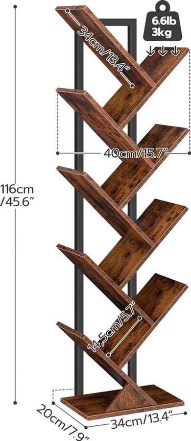 PolkaHome Boomboekenplank hoge 9-laags staande boekenplank hoge boekenkast voor cd-albums voor woonkamer rustiek bruin en zwart EBF08SJ01G1