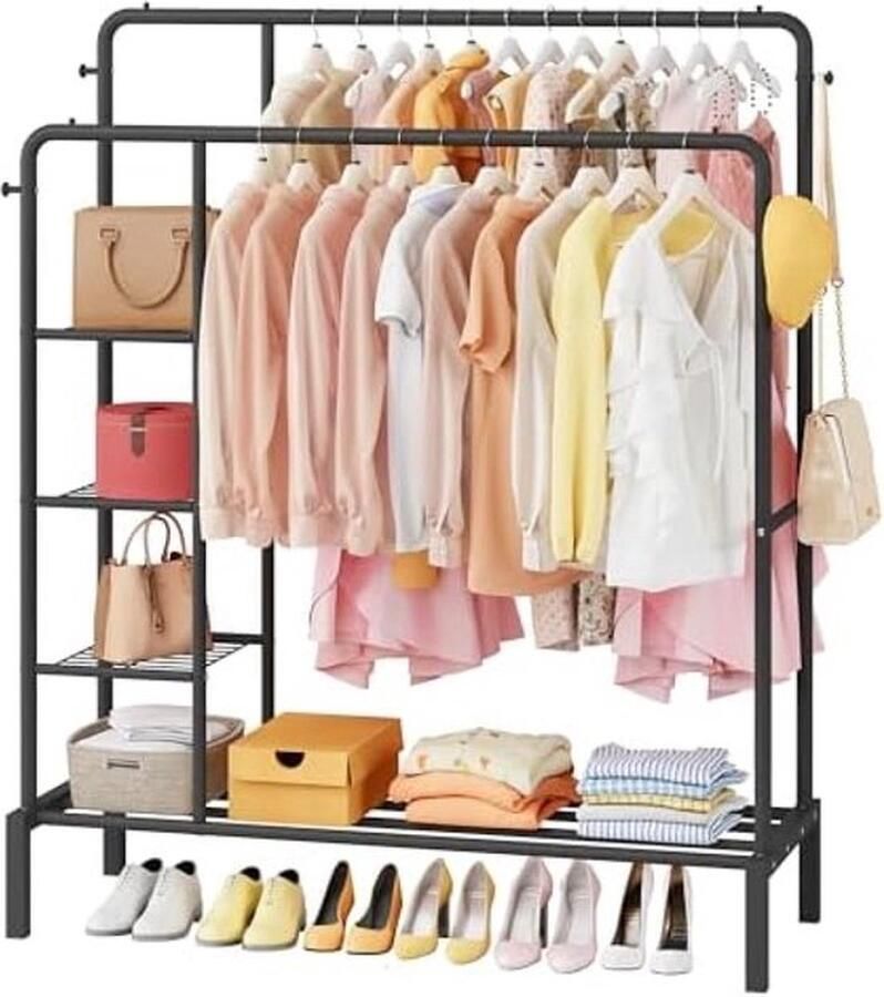 PolkaHome Brede Klerenrail Klerenrek voor Slaapkamer Klerenrek met 2 Hangende Rails 4 Haken 4 Zijplanken en Beneden Plank Kledingrek voor het opslaan van Schoenen en Kleding