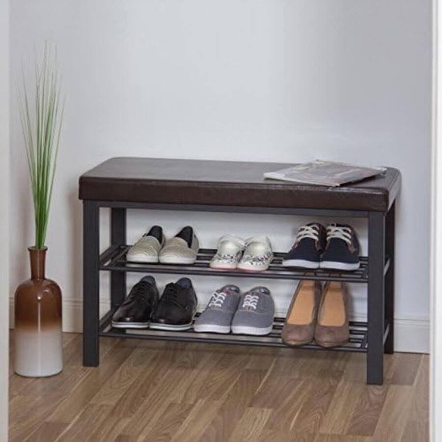 PolkaHome Bruin Schoenenbank met zitkussen open 6-8 paar schoenen schoenenrek metaal kunstleer HxBxD 49x81x31 cm