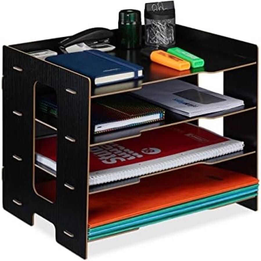 PolkaHome Bureau Organizer MDF A4 Papier 3 Vakken Brievenbak voor Kantoor of Thuiswerkplek Zwart H x B x D: 27 x 32 5 x 25 cm