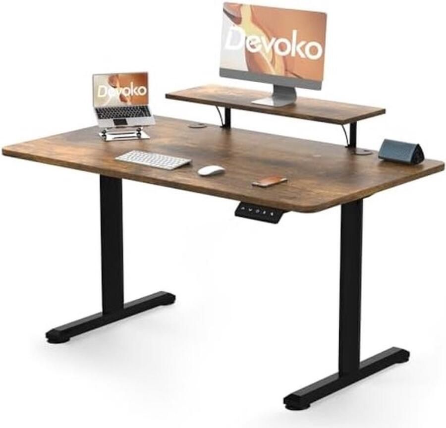 PolkaHome Bureau zittend staand 120 x 60 cm met monitorstandaard elektrisch in hoogte verstelbaar met 2 geheugenhoogtes