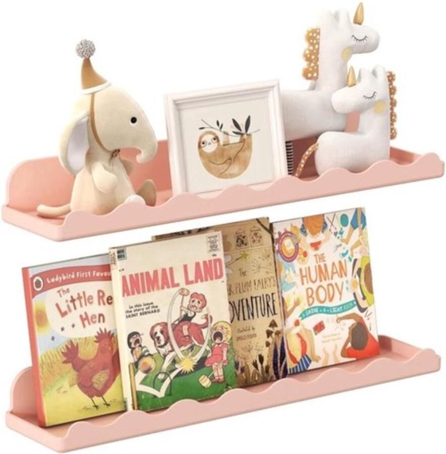 PolkaHome Charmante Kinderboekenkast Set van 2 Speelse Wandplanken voor Slaapkamer en Speelkamer