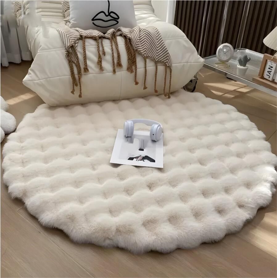 PolkaHome Cirkel Rond Vloerkleed Ø90 cm Superzacht Modern Vloerkleed Hoogpolig Fluffy Tapijt Antislip Carpet voor Woonkamer Kinderkamer & Slaapkamer (beige-wit) - Foto 2