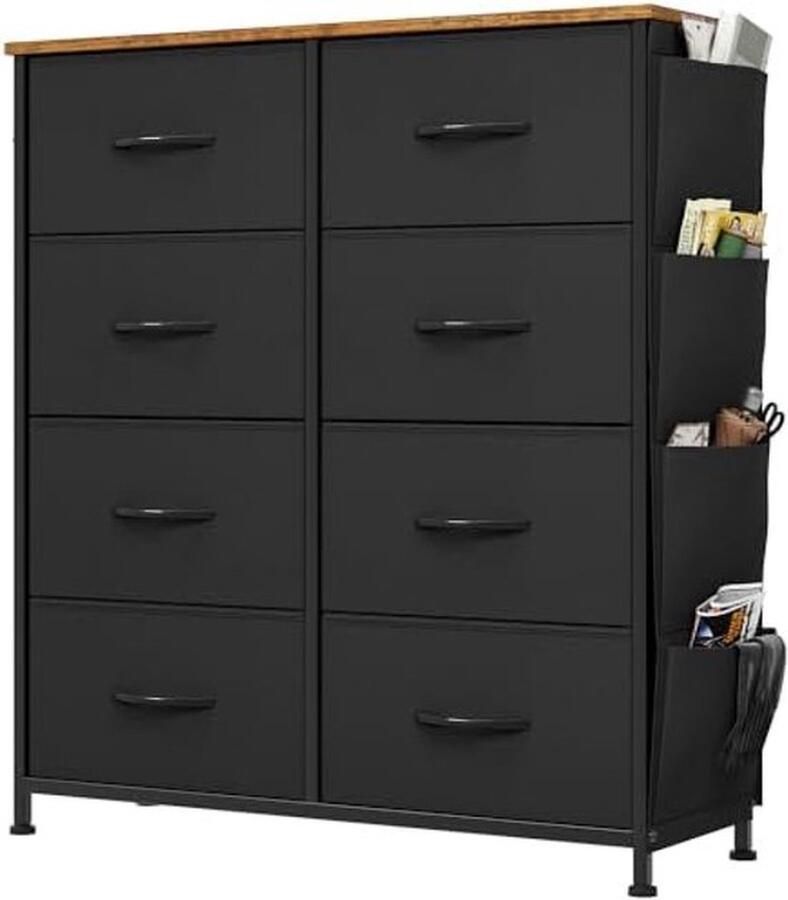 PolkaHome Commode met 8 stoffen laden en handgrepen opbergkast met haken ladekast met zijvakken metalen frame stoffen commode voor verschillende ruimtes zwart