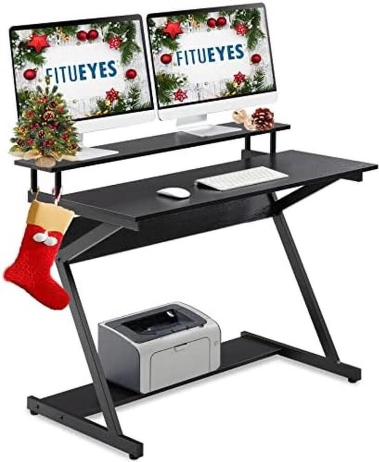 PolkaHome Computer Tafel Bureau met Toetsenbord Z-Vormig Hout 3 Platformen Schrijven Tafel Werkstation voor Kantoor Thuis Studie 100x60x84cm