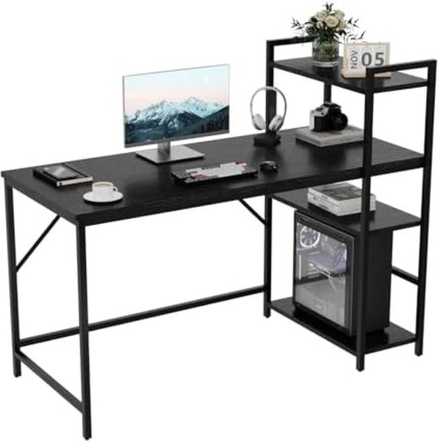 PolkaHome Computertafel met planken 140 cm omkeerbaar bureau werktafel voor werkkamer thuiskantoor